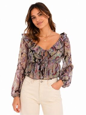 Evolutionary Sheer Paisley Boho Ruffle Top size Medium